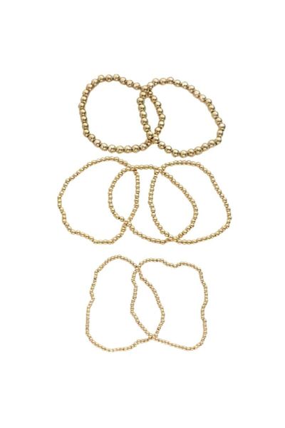 Tessero - Set de 7 brățări elastice cu mărgele de diferite dimensiuni, mărime universală a elasticului, unisex, aurii