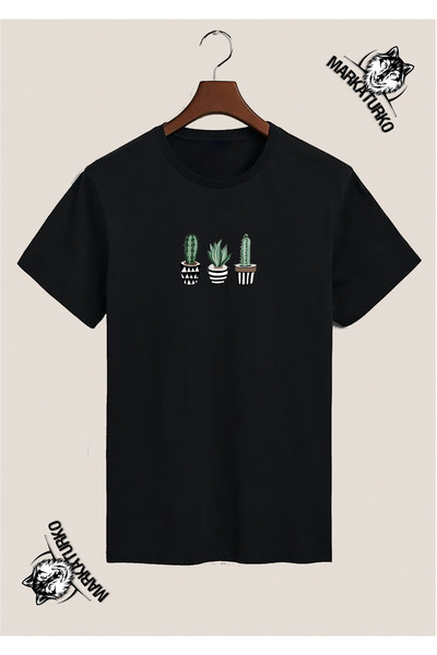 MarkaTurko Cactus Special Design Printed Black Tshirt 9503-11