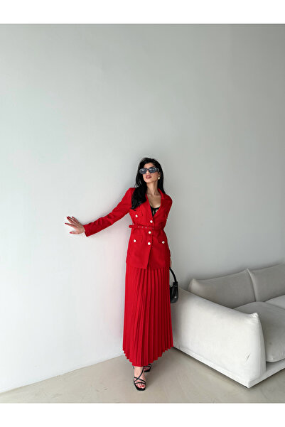 Female Clothing Kemerli Blazer Ceket Piliseli Etek Takım