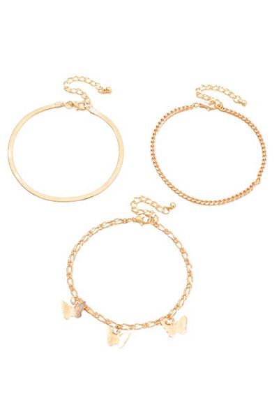Tessero Set de trei brățări pentru gleznă, model fluture, placate cu aur de 18K, 21,5 cm+6 cm, aurii