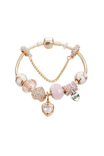 Tessero Women's bracelet with 8 charms, 18K gold plated, size 18 cm, heart with zirconia stones, gold