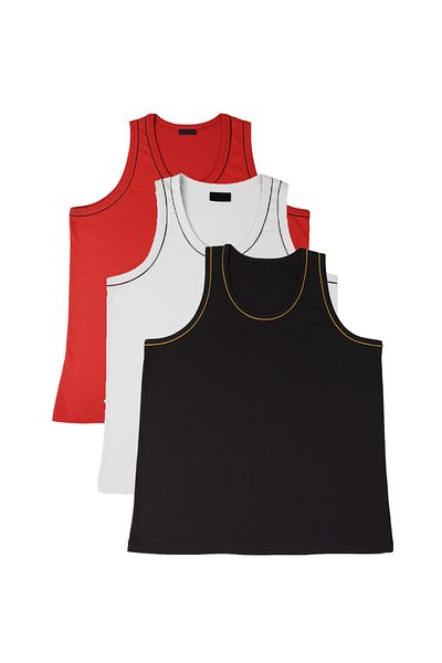 FATELLA Men's Zero Sleeve Thick Strap Cycling 3-Piece White Red Black Comfortable Summer Set Combed Cotton T-Shirt Undershirt
