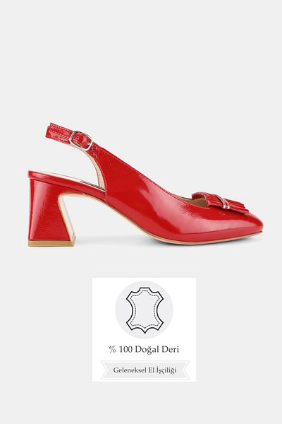 TUNAELLİ Women's Red Patent Leather Genuine Leather 35-41 Number Medium Heel Back Open Shoes