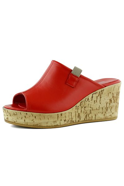 Erkan Saçmacı Fitoria Red Genuine Calf Leather Open Front Cork Sole Look Wedge Heeled Slippers
