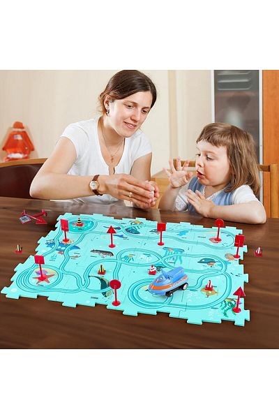 Pitikot Set 25 piese cu masinuta Pitikot®, traseu puzzle racer, jucarie interactiva cu desene din mare