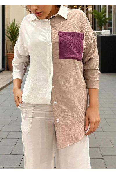 Pasaklı Giyim Women's White Plum Beige Color Detailed Back Long Long Sleeve Draped Tunic Shirt 3071230