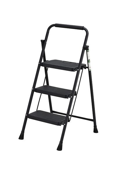 Lawazim Folding 3-Step Ladder – Anti-Slip Wide Pedals, Iron Frame & Safety Handrail for Home Use