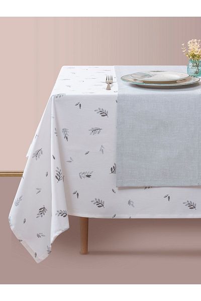 Cotton Box Runner Panama Tablecloth Set Leaf Gray 180 X 230 cm