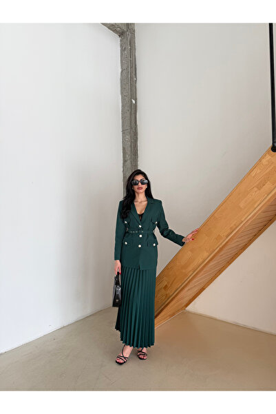 Female Clothing Kemerli Blazer Ceket Piliseli Etek Takım