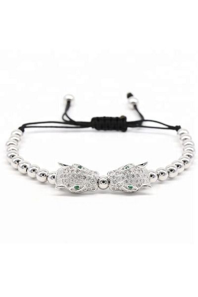 Tessero Brățară de lux cu mărgele, design Jaguar, șnur macrame reglabil, pietre zirconiu, placată cu aur de 24K, Si