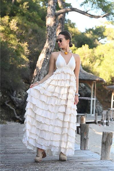 Şaman Butik Ekru Sırt Dekolteli Kat Kat Bohem Elbise