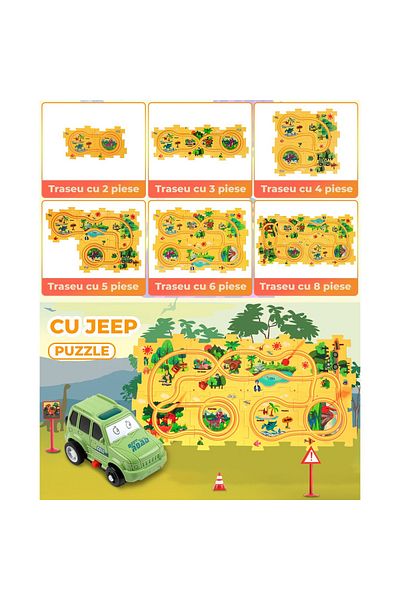 Pitikot Set 25 piese cu masinuta Pitikot®, traseu puzzle racer, jucarie interactiva cu desene dinozauri