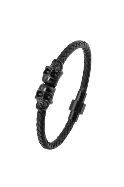 Tessero Brățară din piele împletită, craniu dublu, închidere magnetică, neagră