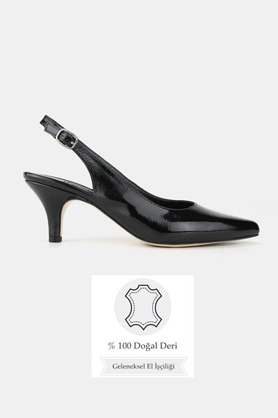 TUNAELLİ Women's Black Rugan Genuine Leather 34-35-41 Number Short Heel Back Open Shoes