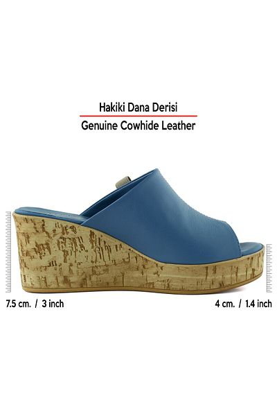 Erkan Saçmacı Fitoria Blue Genuine Calfskin Open Front Cork Sole Look Wedge Heeled Slippers