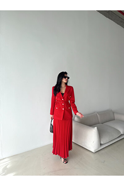 Female Clothing Kemerli Blazer Ceket Piliseli Etek Takım