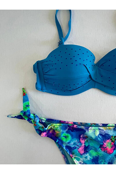 hazelin Set de bikini căptușit cu model brodat cu piatră albastră pentru femei HZL25S-LC203