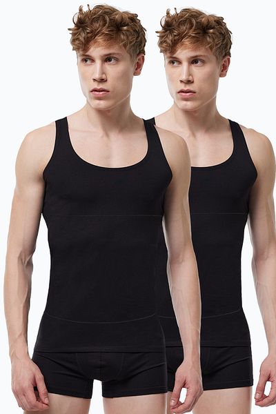 Malabadi Men's Black 2 Pack Belly Tightening Firming Non-Marking Modal Corset Undershirt 2m042