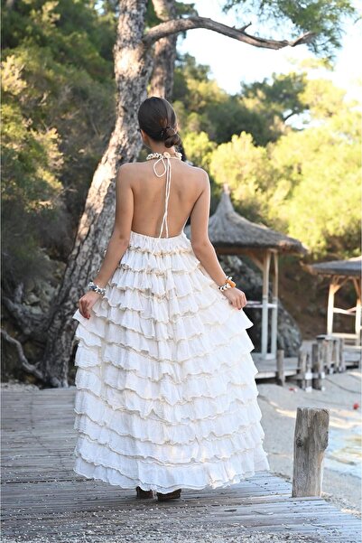 Şaman Butik Ekru Sırt Dekolteli Kat Kat Bohem Elbise
