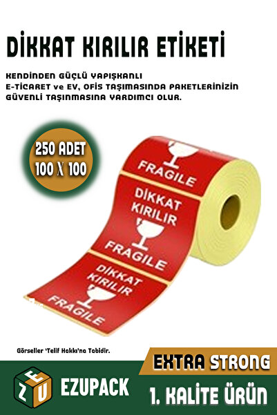 ASTOR AMBALAJ 250 Adet-100x100mm Dikkat Kırılır Etiketi Fragile Uyarı Etiketi...