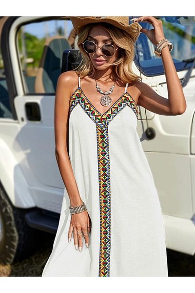 Viyamo New Season Women's Strappy V-Neck Ethnic Pattern Stripe Detail Design Maxi Length Dress