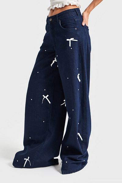 its basic Blugi de damă Indigo Color 7s5-50 Palazzo Fit Stone Bow Detaliat 100% bumbac Design Denim