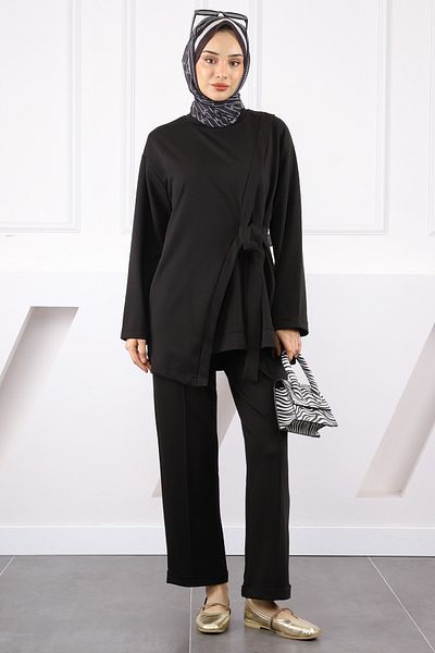 İmajButik Black Asymmetrical Detailed Tunic Pants Suit