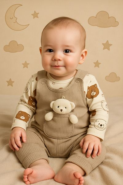 NAFİTTO Teddy Bear Baby Jumpsuit 3-Piece Jumpsuit Set – Bodysuit, Jumpsuit and Socks |   3-6-9 Months Baby Outfit