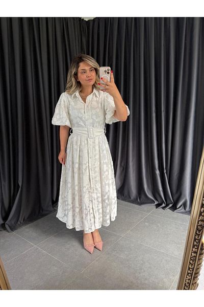 BÜŞRA PERKER 8567 Ecru Belted Balloon Sleeve Dress