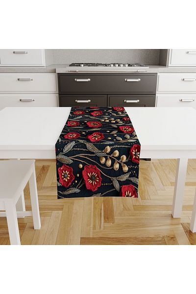 Şah Dekor Punch Embroidery Patterned Digital Printed Autumn Themed Gift Runner Tablecloth 45X100Cm