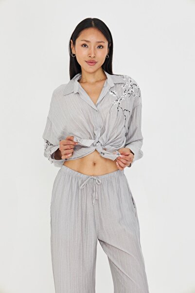 TIFFANY&TOMATO Çiçek Nakışlı Çizgili Gömlek