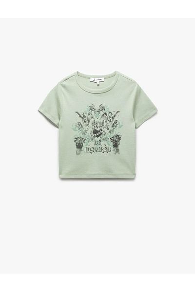 Koton Printed Short Sleeve Cotton Crew Neck Crop T-Shirt