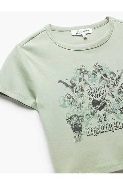 Koton Printed Short Sleeve Cotton Crew Neck Crop T-Shirt