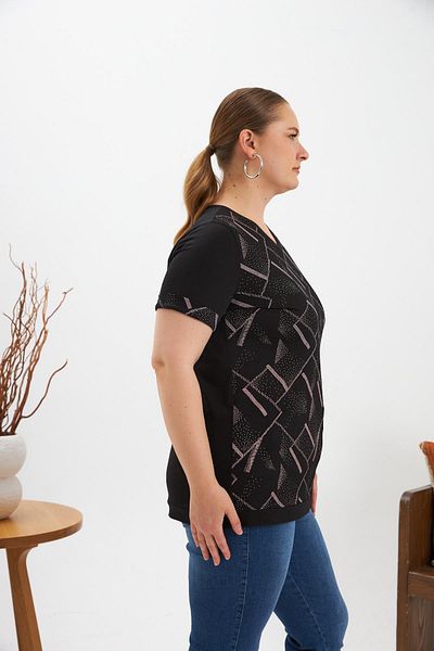 RMG Patterned V-Neck Plus Size T-Shirt Black
