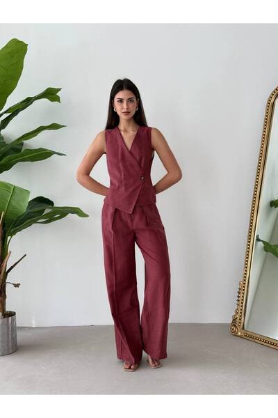 CYU Dusty Rose Lace-Up Backless Linen Bottom Top Women's Set