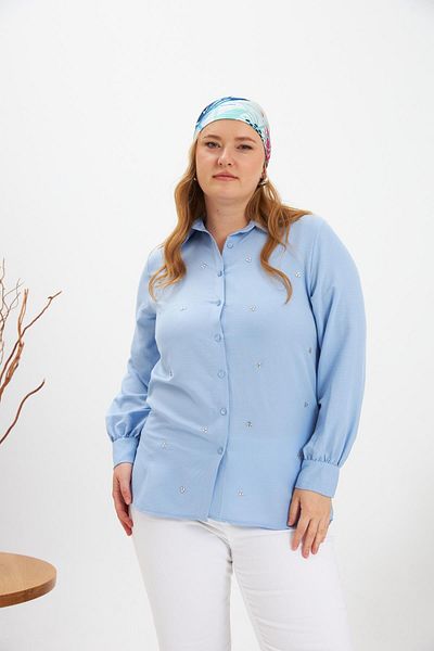 RMG Plus Size Stone Detail Shirt Baby Blue