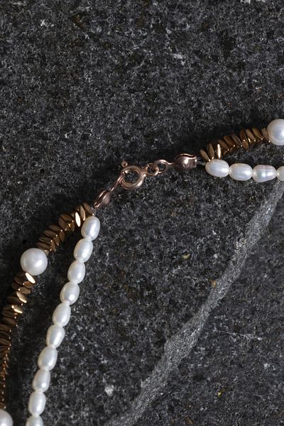 OSMANLI DOĞAL TAŞ Certified Pearl and Hematite Natural Stone Necklace