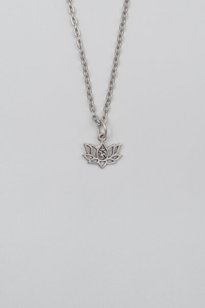Bu Farklı Minimal Om Sembollü Lotus Çiçeği Düz Ezme Zincir Kolye - Antik Gümü...