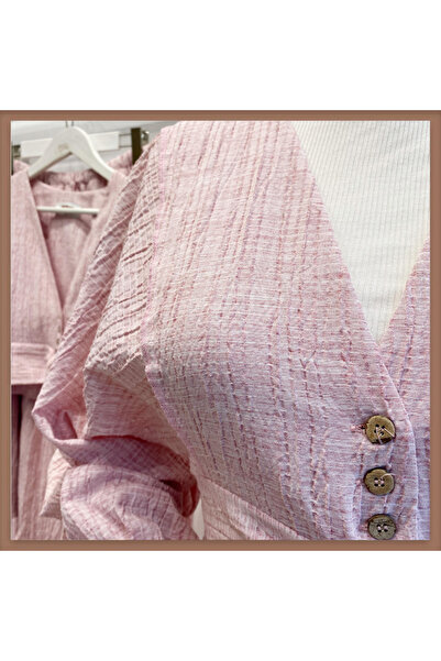 Faya Boutique Pink Balloon Sleeve Skirted Wrinkled Suit