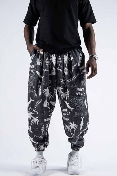 Superbluemexico Men's Elastic Printed Black Jogger Pants