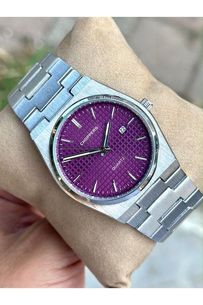 pierrose Silver Steel Cord Purple Dial Men's Wrist Watch with Calendar