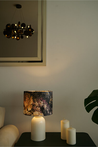 retro home design Krem Ayaklı Mor Çiçek Kadife Kumaş Şapkalı Şık Yatak Odası Salon Abajur Özel Modern