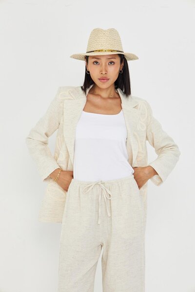 TIFFANY&TOMATO Nakışlı Kruvaze Yaka Keten Görünümlü Ceket