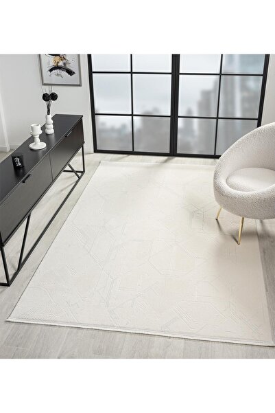Armony AR011a White Carpet Modern Patterned Acrylic Cotton Sole Powder Less Living Room Carpet Bedroom Corridor
