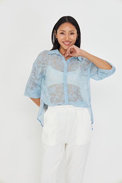 TIFFANY&TOMATO Yarım Kol Keten Görünümlü Tül Gömlek