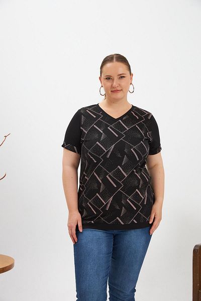 RMG Patterned V-Neck Plus Size T-Shirt Black