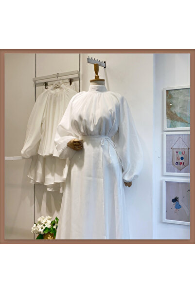 Faya Boutique Dalgalı Şifon Kumaş Beyaz Balon Kol Takım