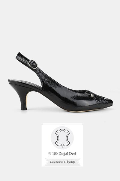TUNAELLİ Women's Black Patent Leather Genuine Leather 34-35-41 Number Short Heel Buckle Back Open Shoes