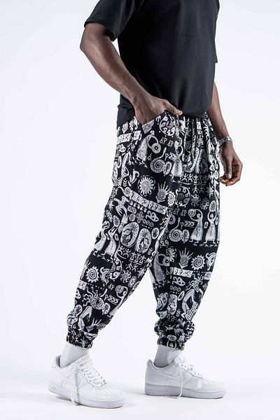 Superbluemexico Men's Patterned Elastic Black Baggy Trousers