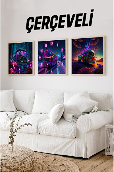 kutuTR Retro Otobüs UV Baskılı MDF Tablo Seti – Ahşap Çerçeveli 3’lü Kombin (Saatli)